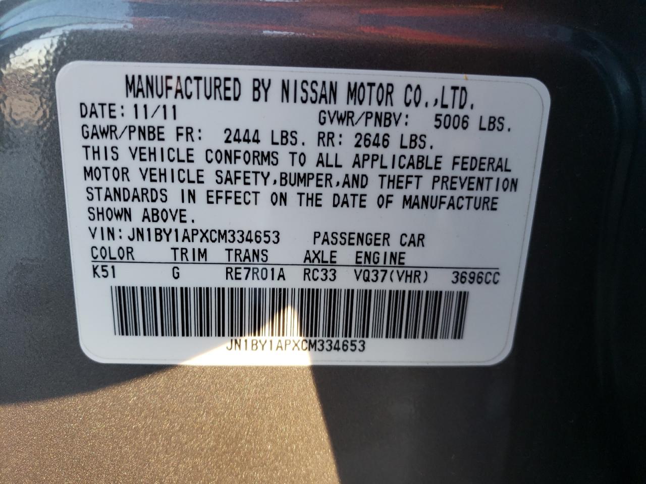 Photo 10 from auction – 2012 INFINITI M37 with VIN JN1BY1APXCM334653