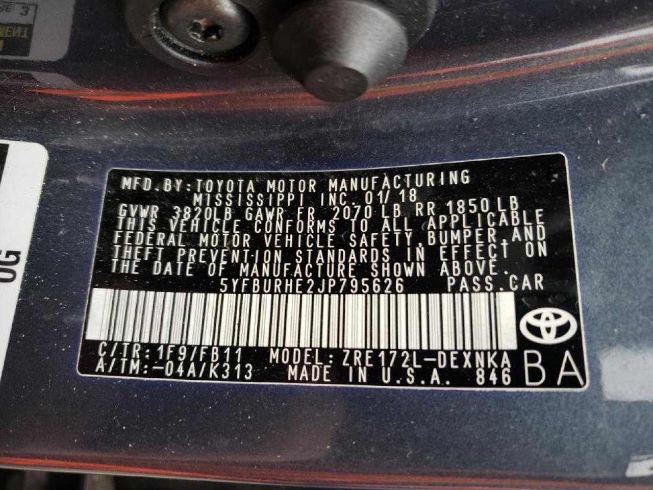 Photo 10 from auction – 2018 TOYOTA COROLLA L with VIN 5YFBURHE2JP795626