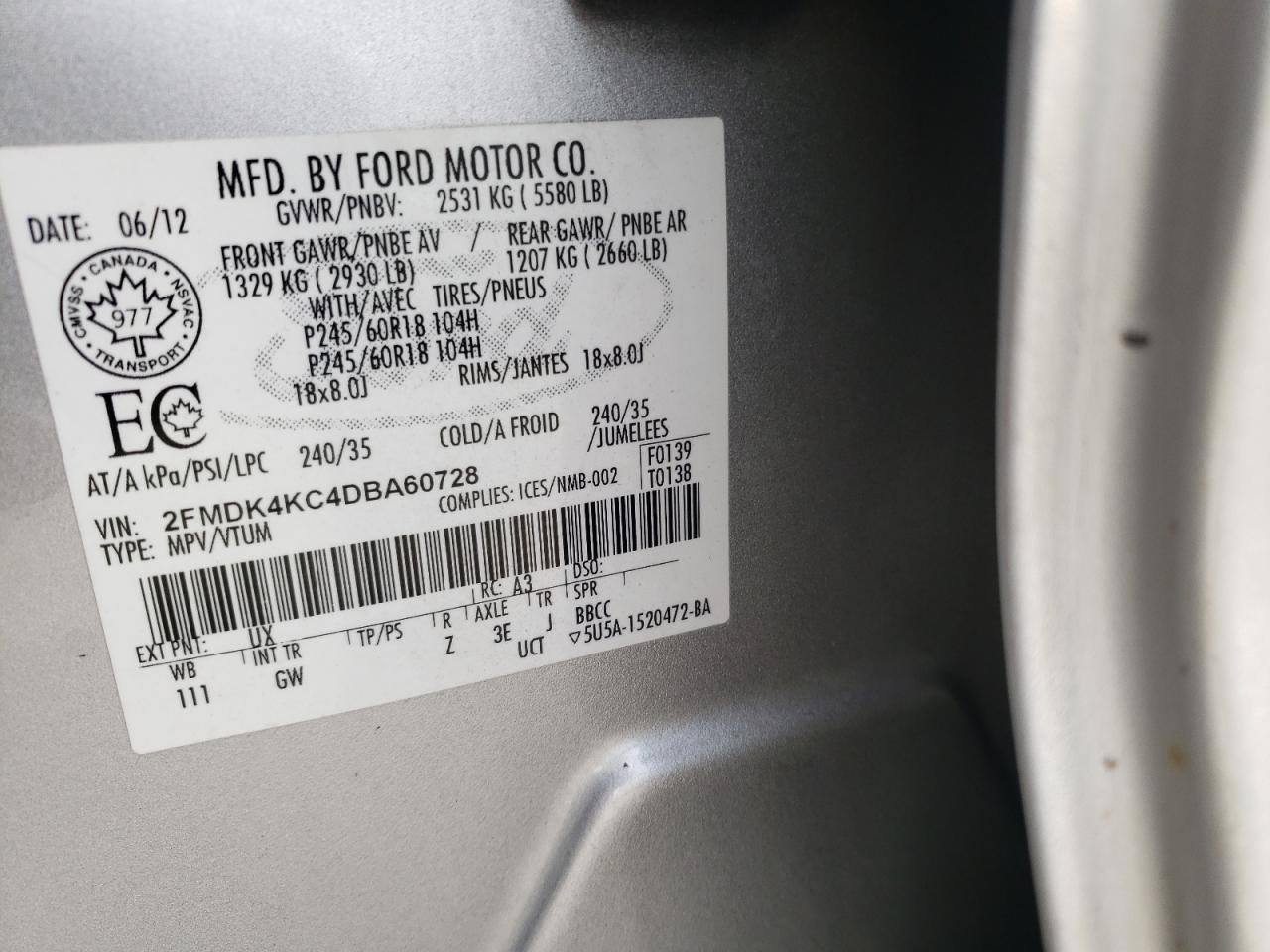 Photo 10 from auction – 2013 FORD EDGE LIMIT with VIN 2FMDK4KC4DBA60728