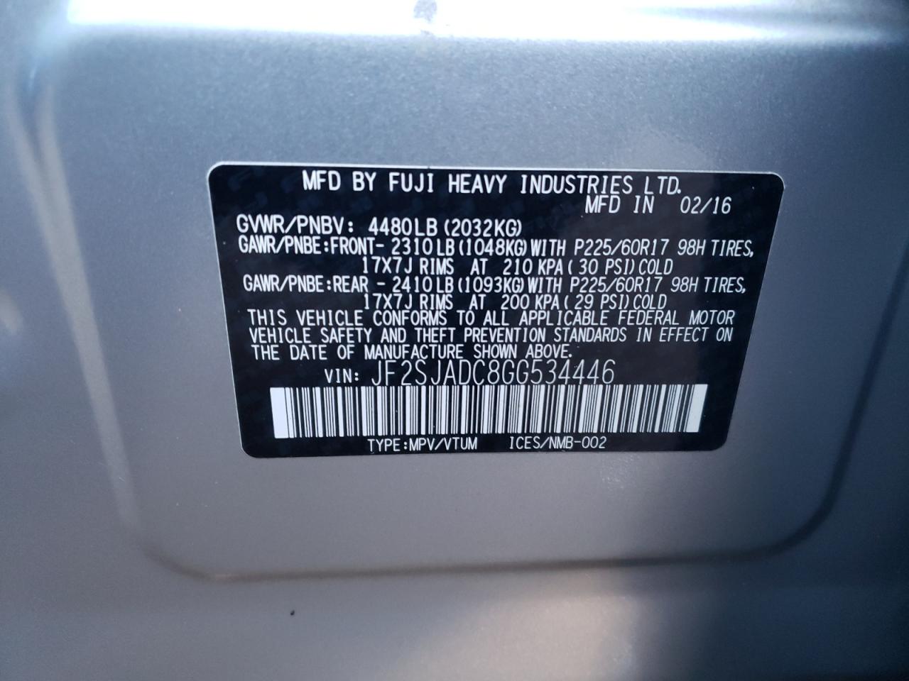 Photo 10 from auction – 2016 SUBARU FORESTER 2 with VIN JF2SJADC8GG534446