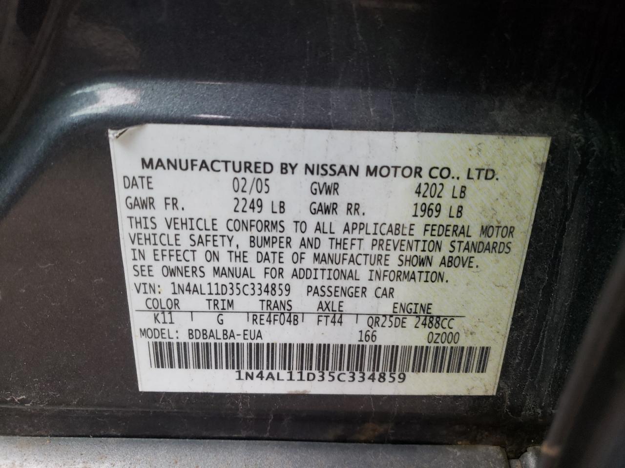 Photo 10 from auction – 2005 NISSAN ALTIMA S with VIN 1N4AL11D35C334859