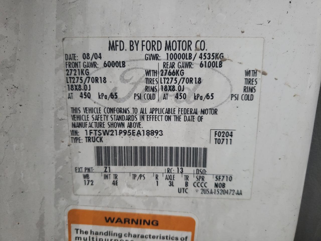 Photo 10 from auction – 2005 FORD F250 SUPER with VIN 1FTSW21P95EA18893