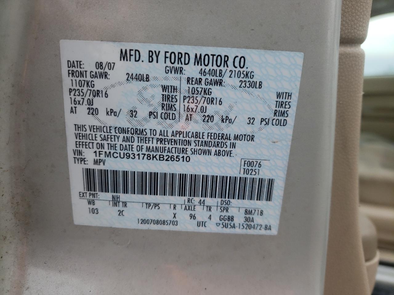 Photo 10 from auction – 2008 FORD ESCAPE XLT with VIN 1FMCU93178KB26510