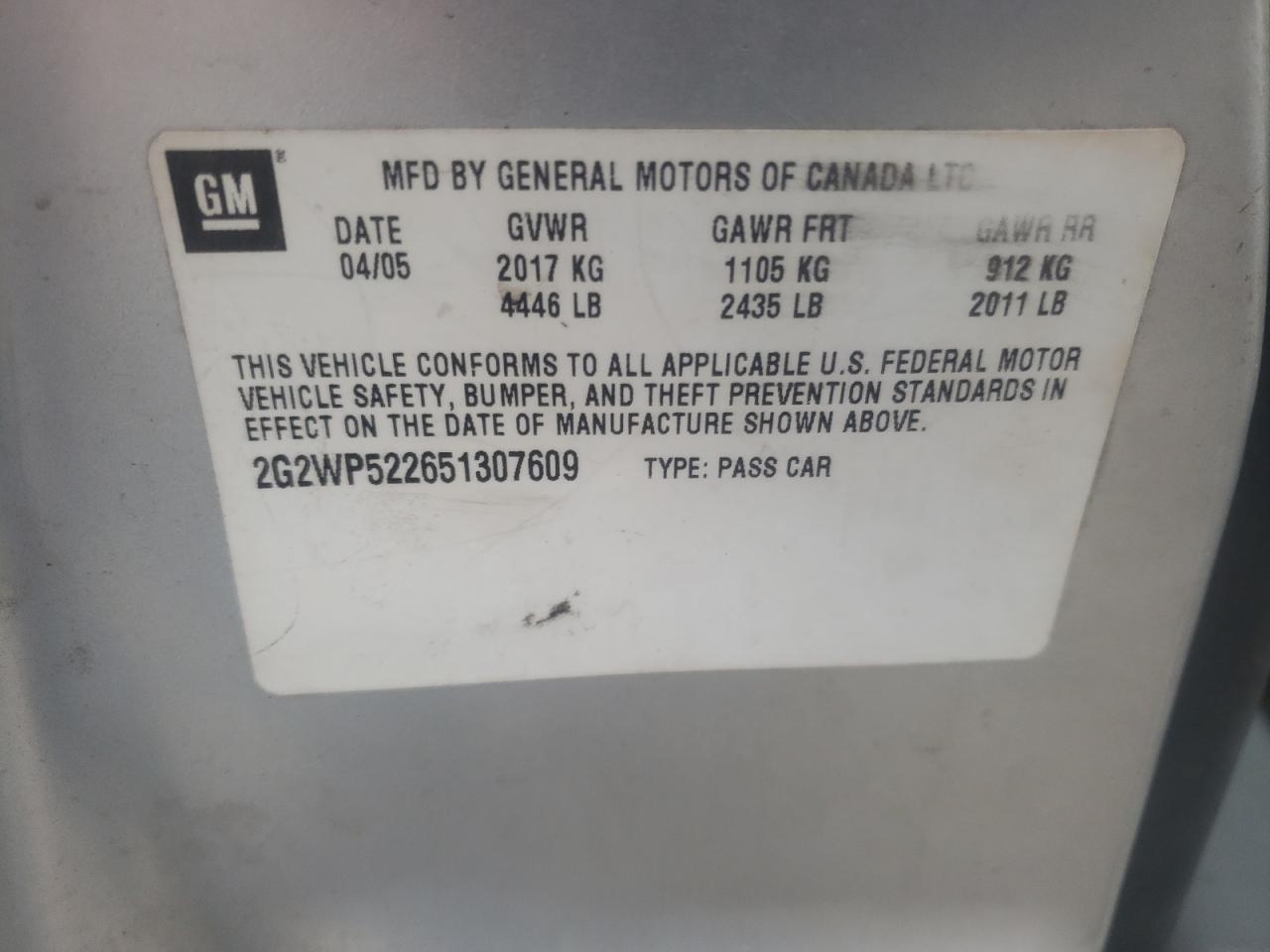 Photo 11 from auction – 2005 PONTIAC GRAND PRIX with VIN 2G2WP522651307609