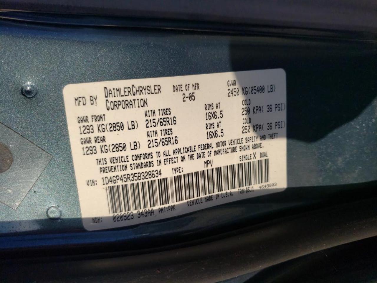Photo 10 from auction – 2005 DODGE CARAVAN SX with VIN 1D4GP45R35B328634