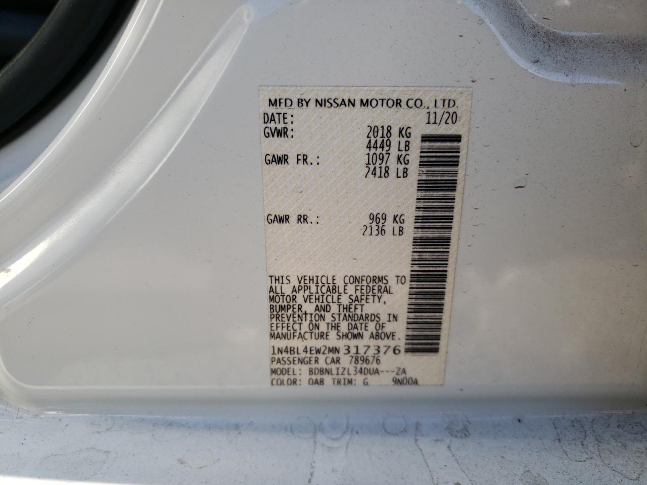 Photo 10 from auction – 2021 NISSAN ALTIMA SL with VIN 1N4BL4EW2MN317376