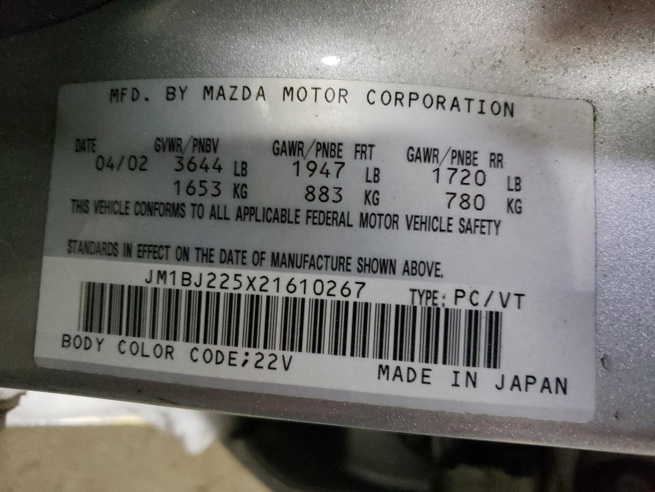 Photo 10 from auction – 2002 MAZDA PROTEGE DX with VIN JM1BJ225X21610267