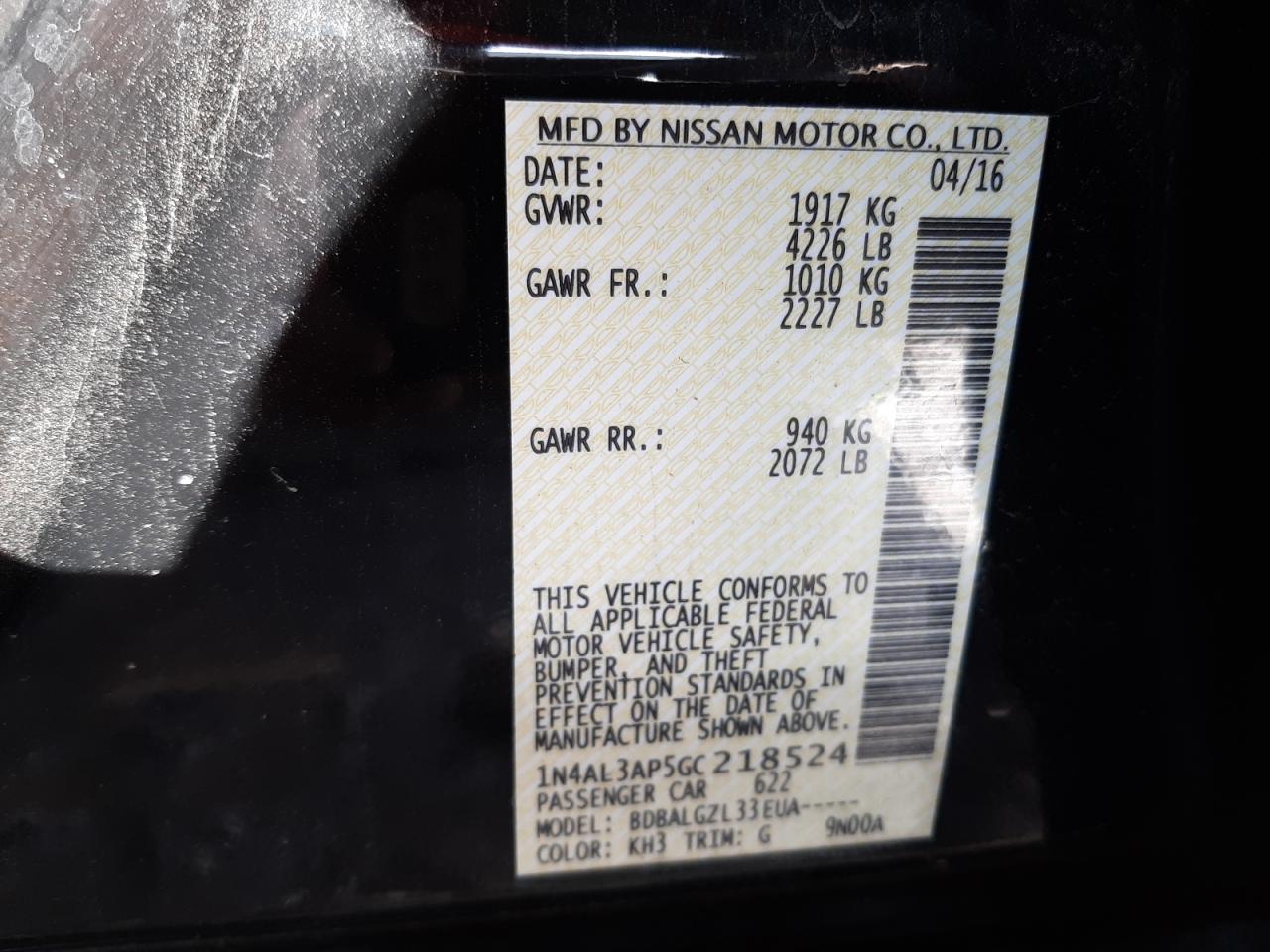 Photo 10 from auction – 2016 NISSAN ALTIMA 2.5 with VIN 1N4AL3AP5GC218524