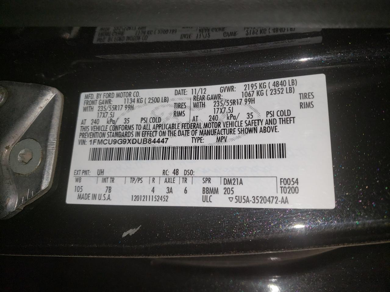 Photo 10 from auction – 2013 FORD ESCAPE SE with VIN 1FMCU9G9XDUB84447