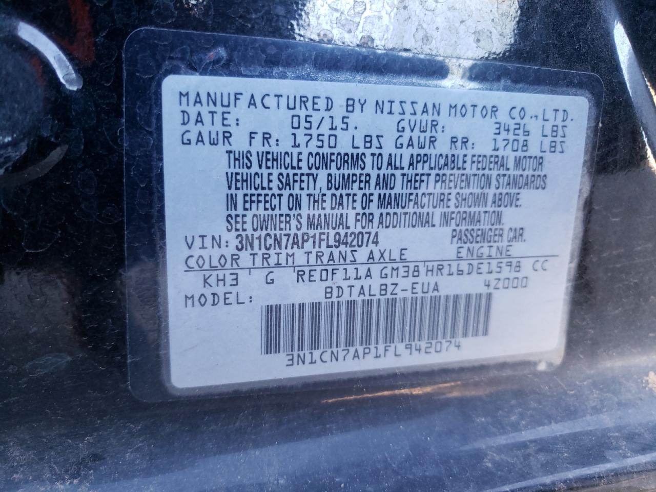 Photo 10 from auction – 2015 NISSAN VERSA S with VIN 3N1CN7AP1FL942074