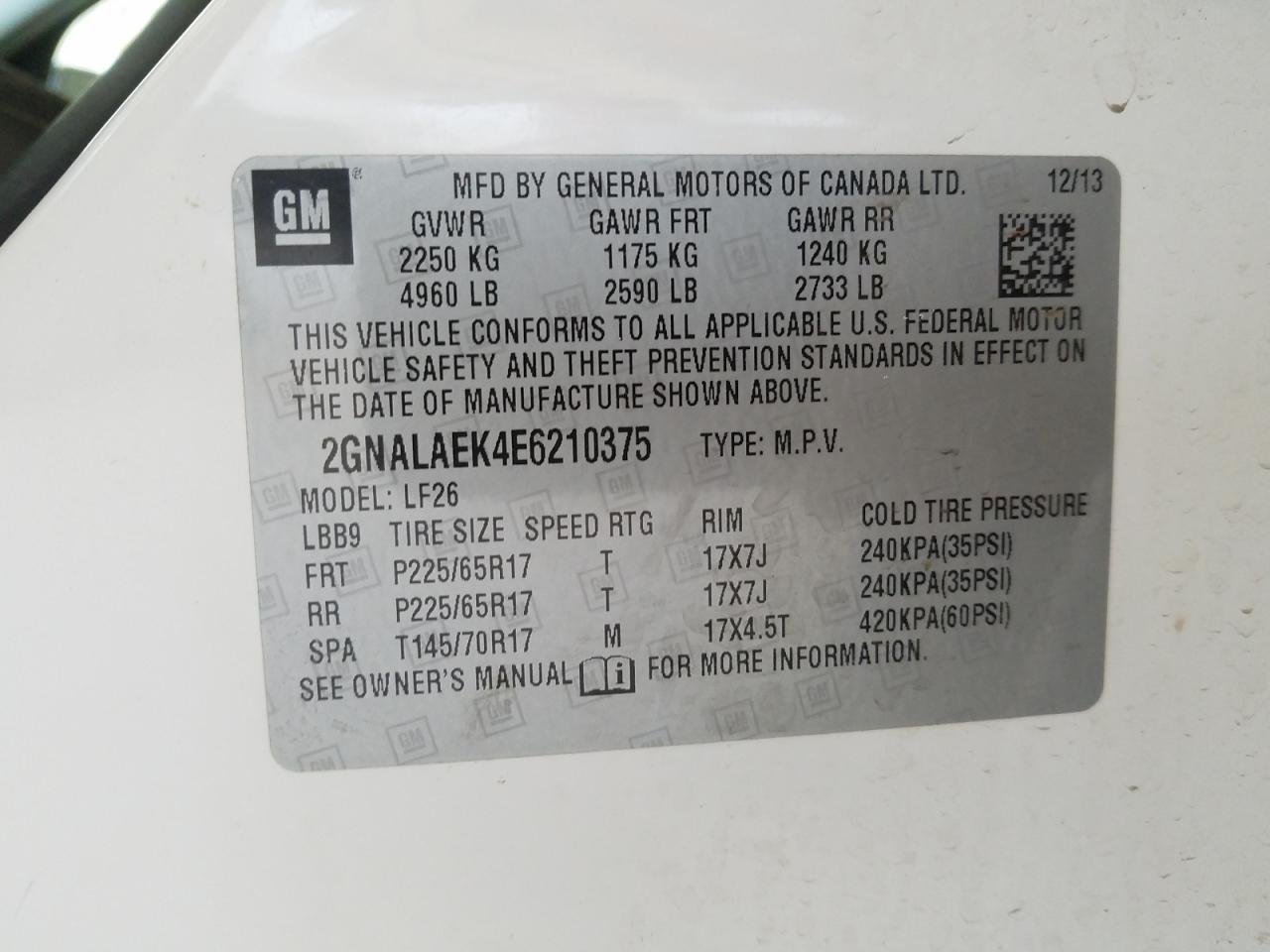 Photo 10 from auction – 2014 CHEVROLET EQUINOX LS with VIN 2GNALAEK4E6210375