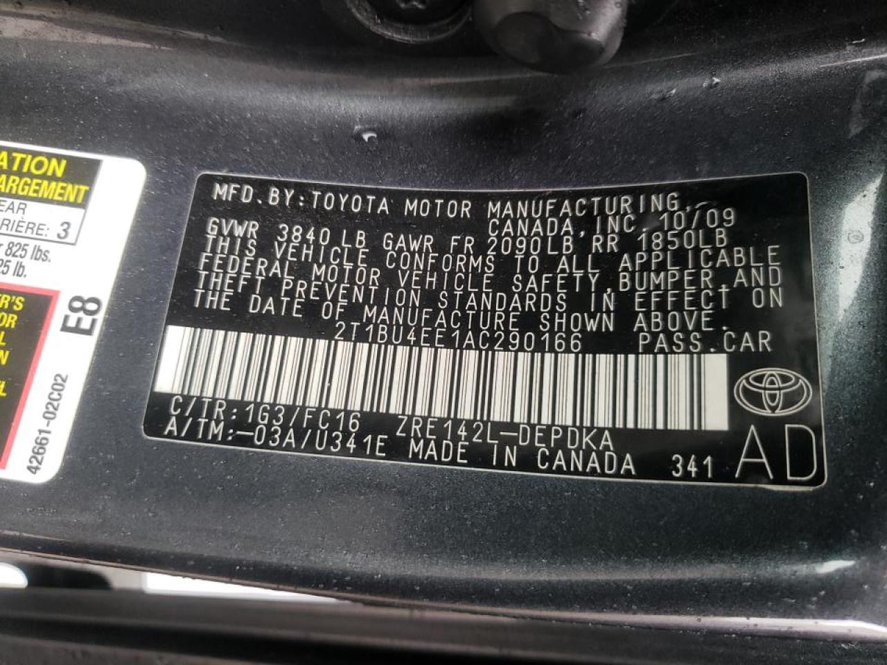 Photo 10 from auction – 2010 TOYOTA COROLLA BA with VIN 2T1BU4EE1AC290166