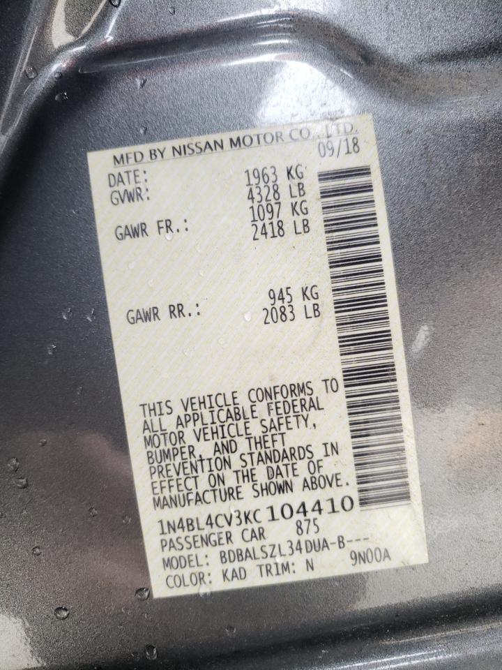 Photo 10 from auction – 2019 NISSAN ALTIMA SR with VIN 1N4BL4CV3KC104410