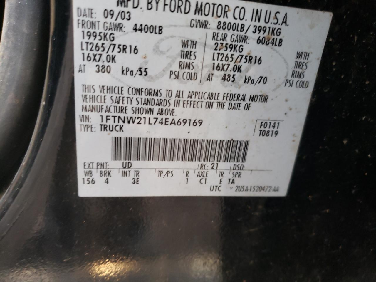 Photo 10 from auction – 2004 FORD F250 SUPER with VIN 1FTNW21L74EA69169
