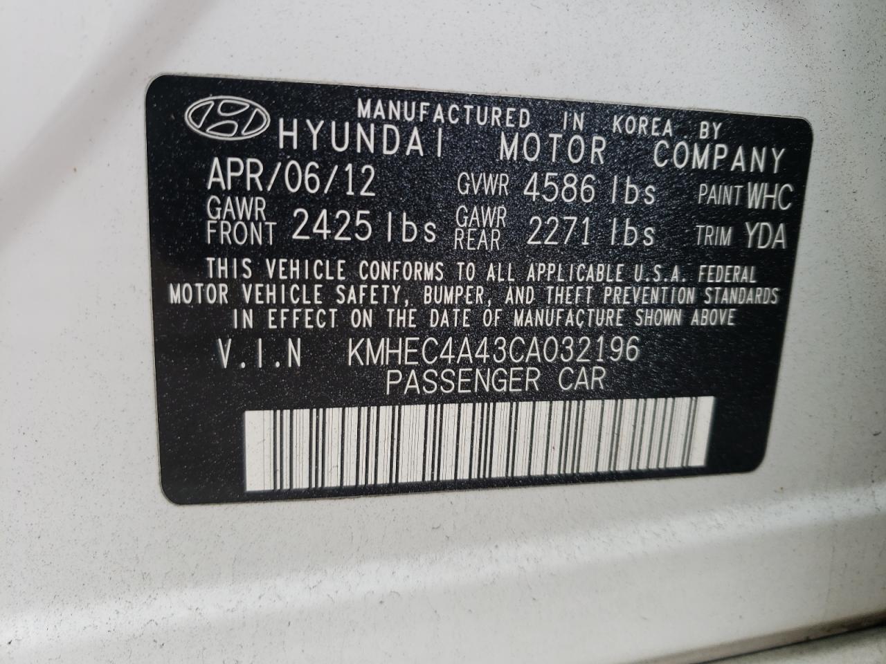 Photo 10 from auction – 2012 HYUNDAI SONATA HYB with VIN KMHEC4A43CA032196
