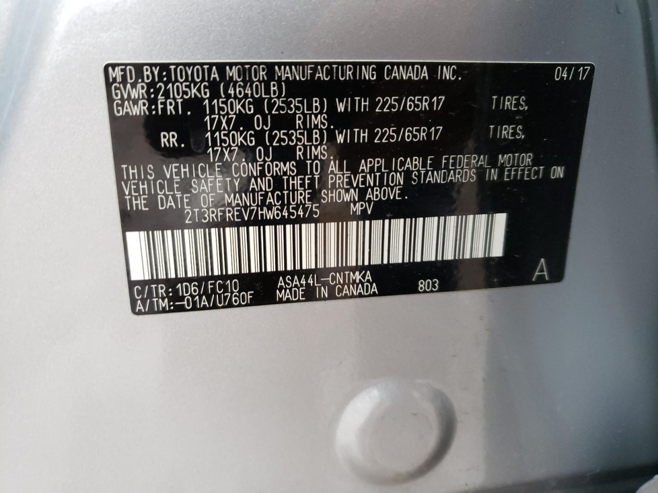 Photo 10 from auction – 2017 TOYOTA RAV4 XLE with VIN 2T3RFREV7HW645475
