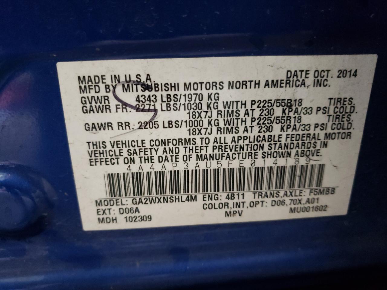 Photo 10 from auction – 2015 MITSUBISHI OUTLANDER with VIN 4A4AP3AU5FE014189