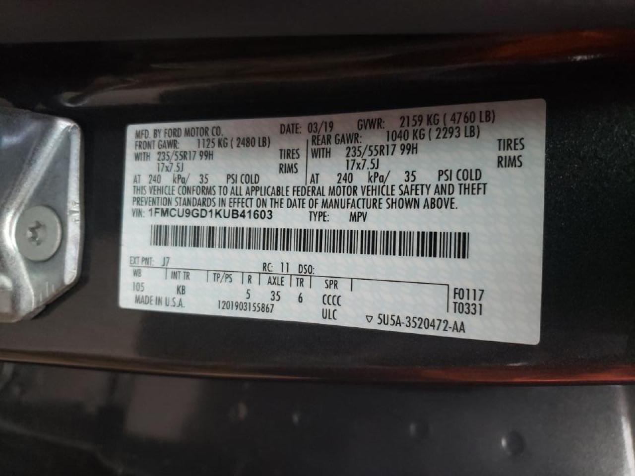 Photo 20 from auction – 2019 FORD ESCAPE SE with VIN 1FMCU9GD1KUB41603