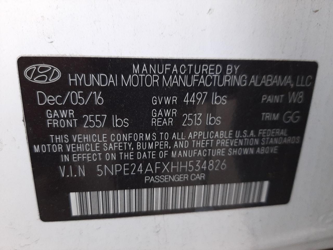 Photo 10 from auction – 2017 HYUNDAI SONATA SE with VIN 5NPE24AFXHH534826