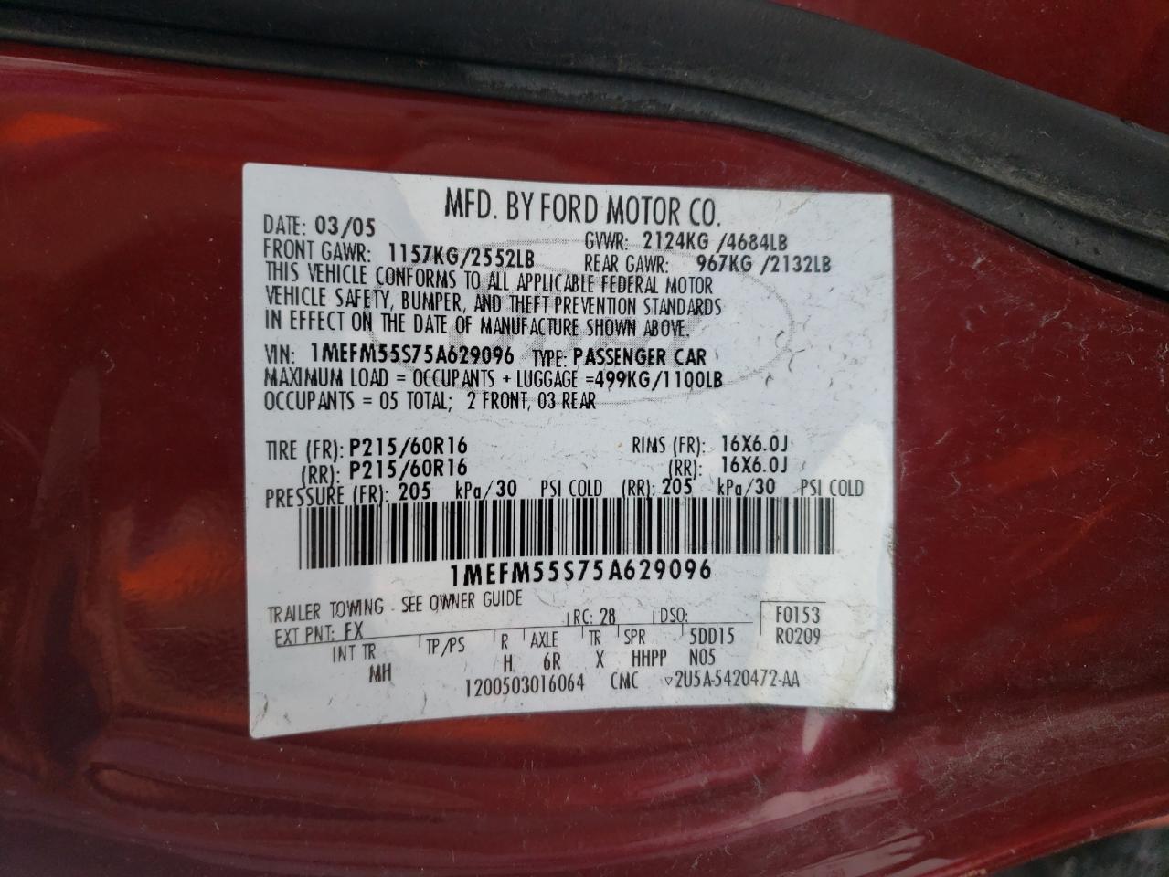 Photo 10 from auction – 2005 MERCURY SABLE LS P with VIN 1MEFM55S75A629096