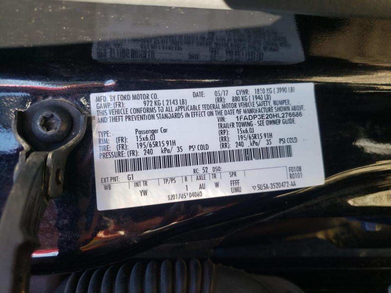 Photo 10 from auction – 2017 FORD FOCUS S with VIN 1FADP3E20HL276686