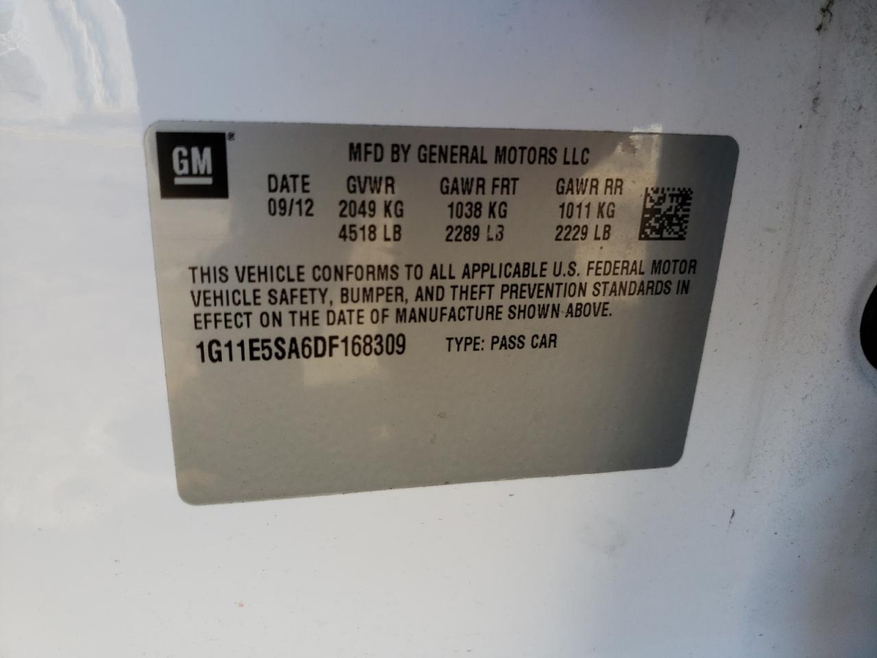 Photo 10 from auction – 2013 CHEVROLET MALIBU 2LT with VIN 1G11E5SA6DF168309