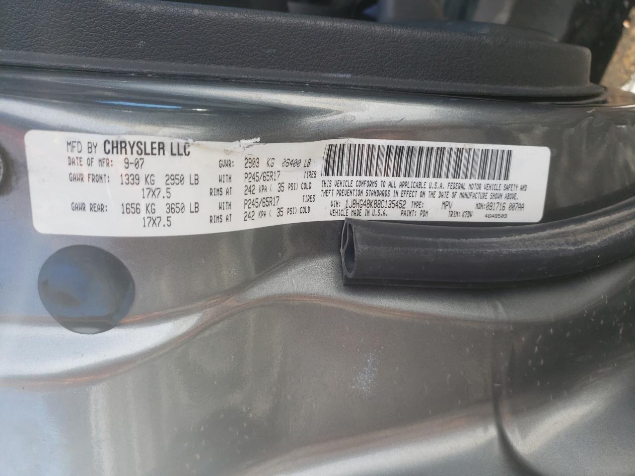 Photo 10 from auction – 2008 JEEP COMMANDER with VIN 1J8HG48K88C135452