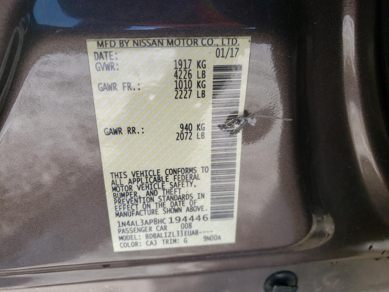 Photo 10 from auction – 2017 NISSAN ALTIMA 2.5 with VIN 1N4AL3AP8HC194446