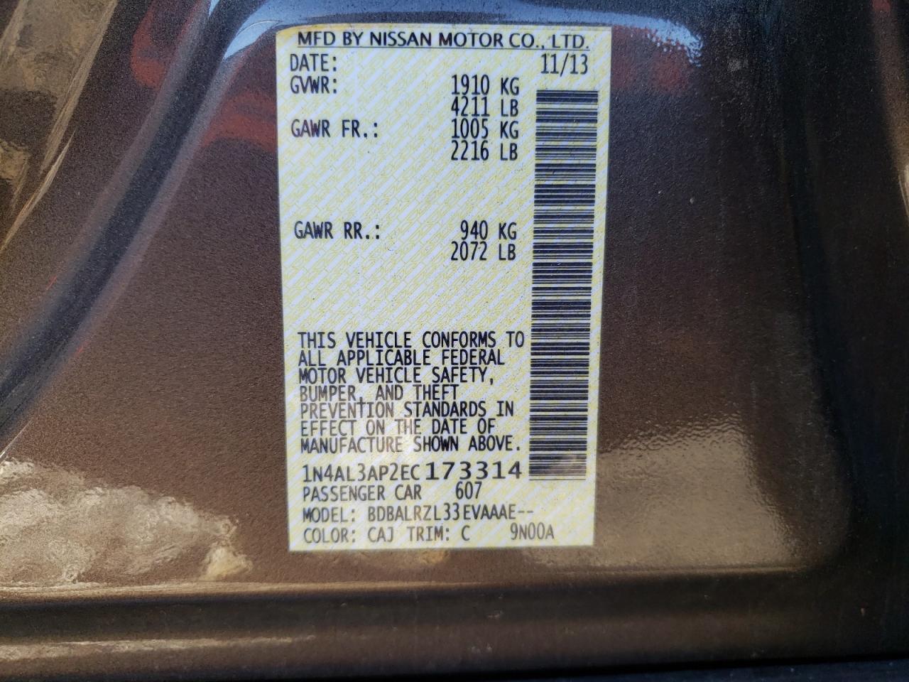 Photo 10 from auction – 2014 NISSAN ALTIMA 2.5 with VIN 1N4AL3AP2EC173314
