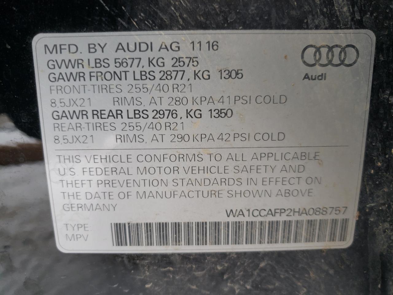 Photo 10 from auction – 2017 AUDI SQ5 PREMIU with VIN WA1CCAFP2HA088757