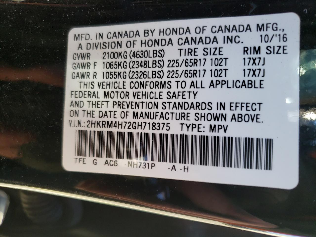 Photo 10 from auction – 2016 HONDA CR-V EXL with VIN 2HKRM4H72GH718375