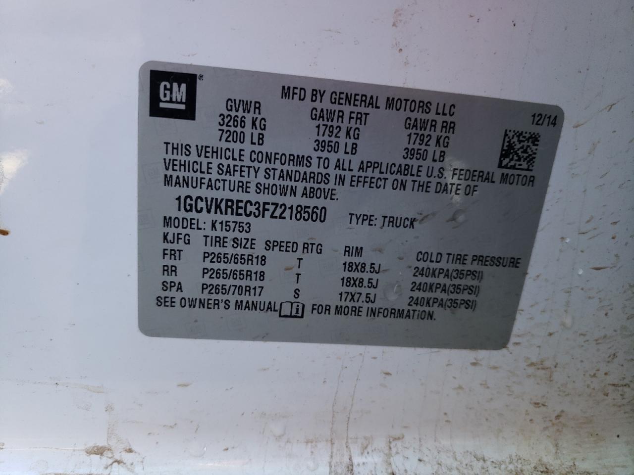 Photo 10 from auction – 2015 CHEVROLET SILVERADO with VIN 1GCVKREC3FZ218560