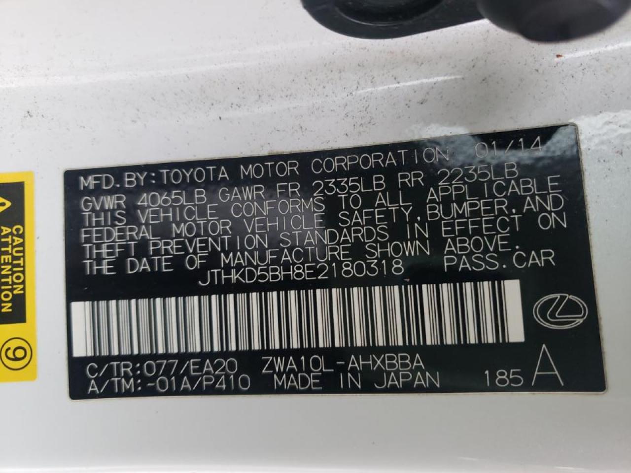 Photo 10 from auction – 2014 LEXUS CT 200 with VIN JTHKD5BH8E2180318