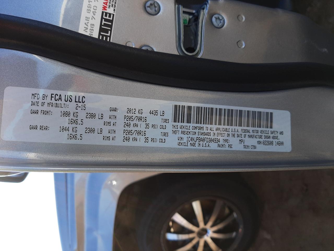 Photo 10 from auction – 2015 JEEP PATRIOT SP with VIN 1C4NJPBA0FD304934