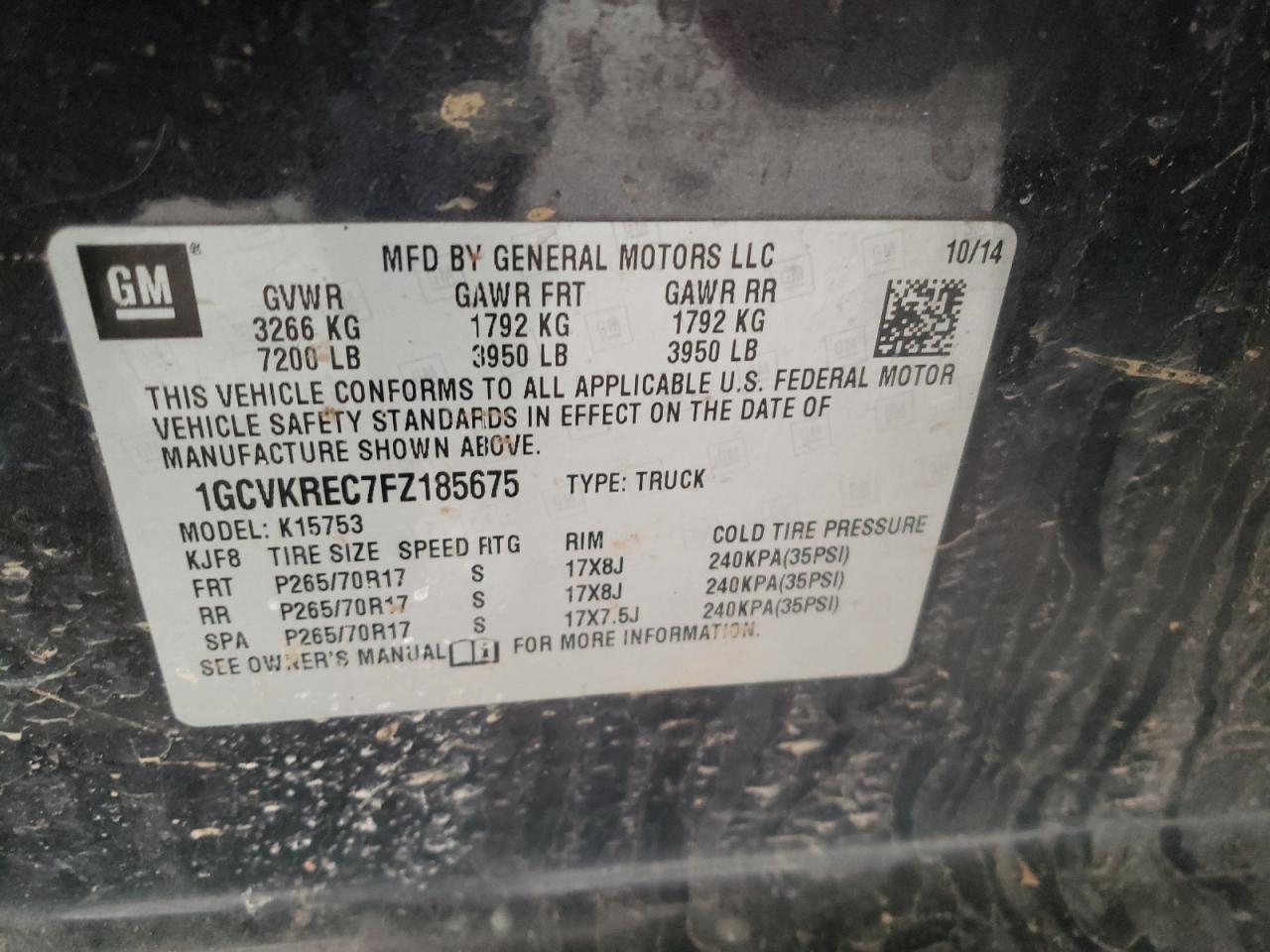 Photo 10 from auction – 2015 CHEVROLET SILVERADO with VIN 1GCVKREC7FZ185675