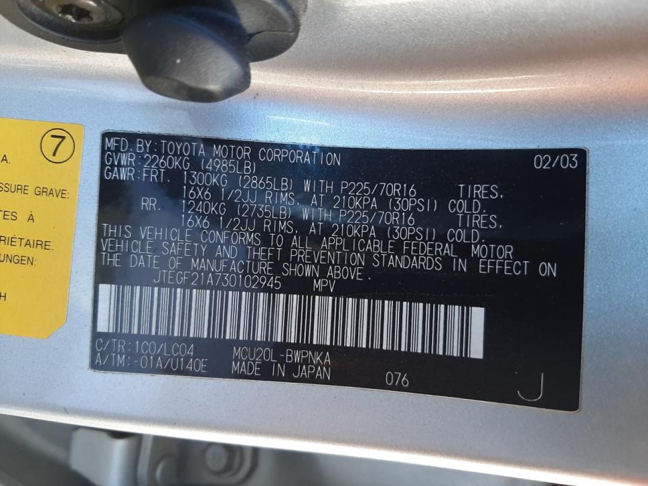 Photo 10 from auction – 2003 TOYOTA HIGHLANDER with VIN JTEGF21A730102945