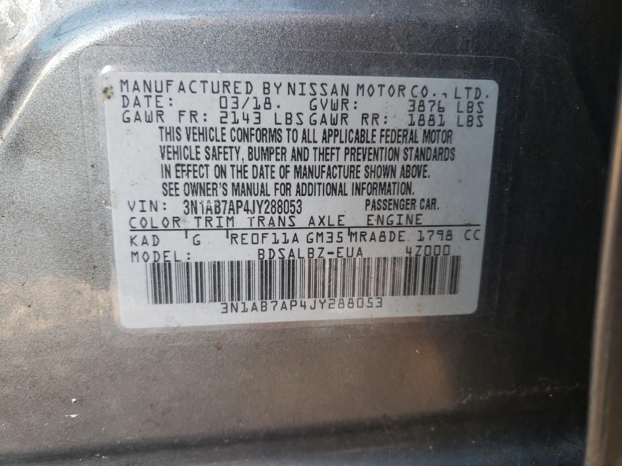 Photo 10 from auction – 2018 NISSAN SENTRA S with VIN 3N1AB7AP4JY288053