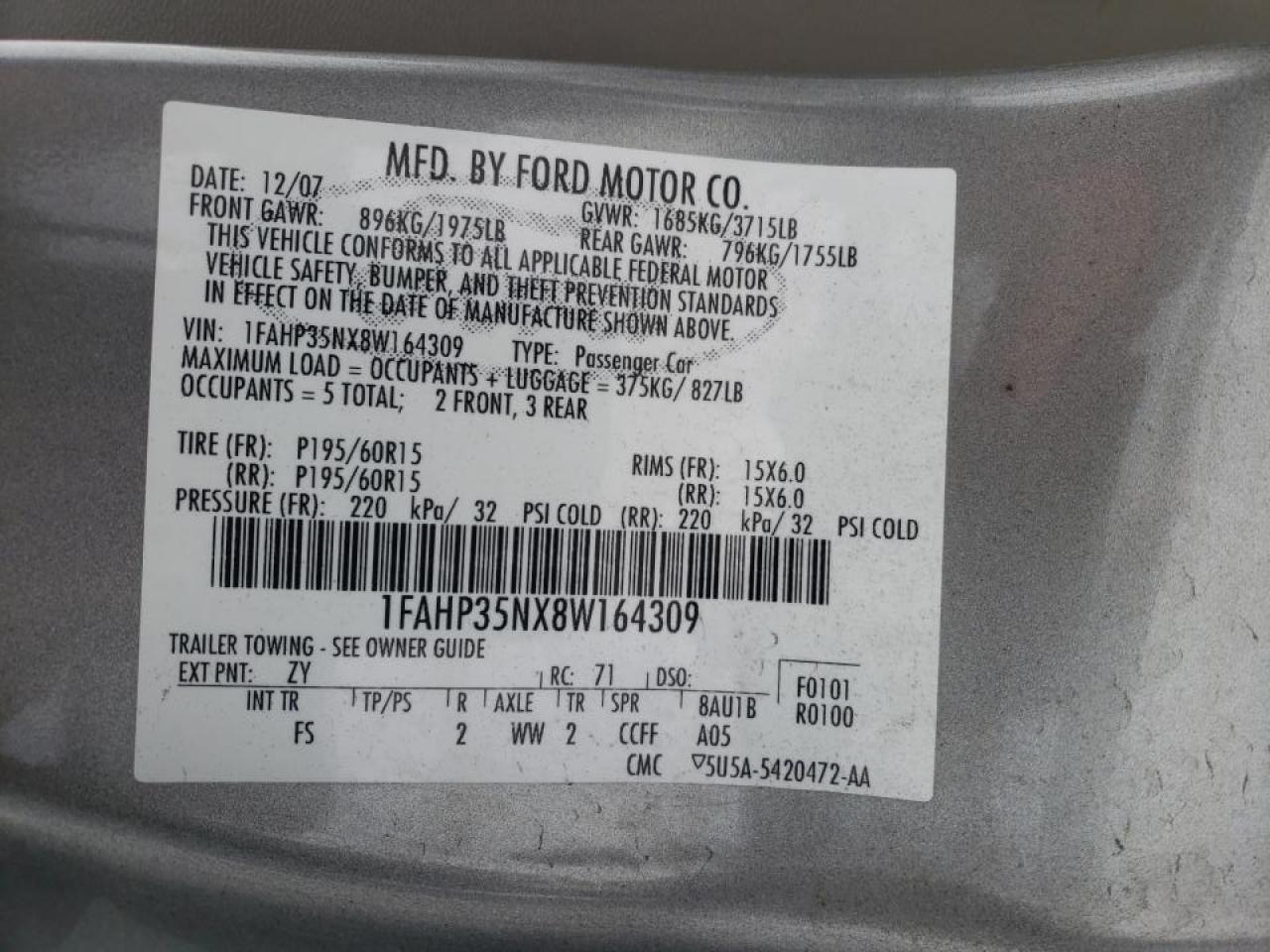 Photo 10 from auction – 2008 FORD FOCUS SE with VIN 1FAHP35NX8W164309
