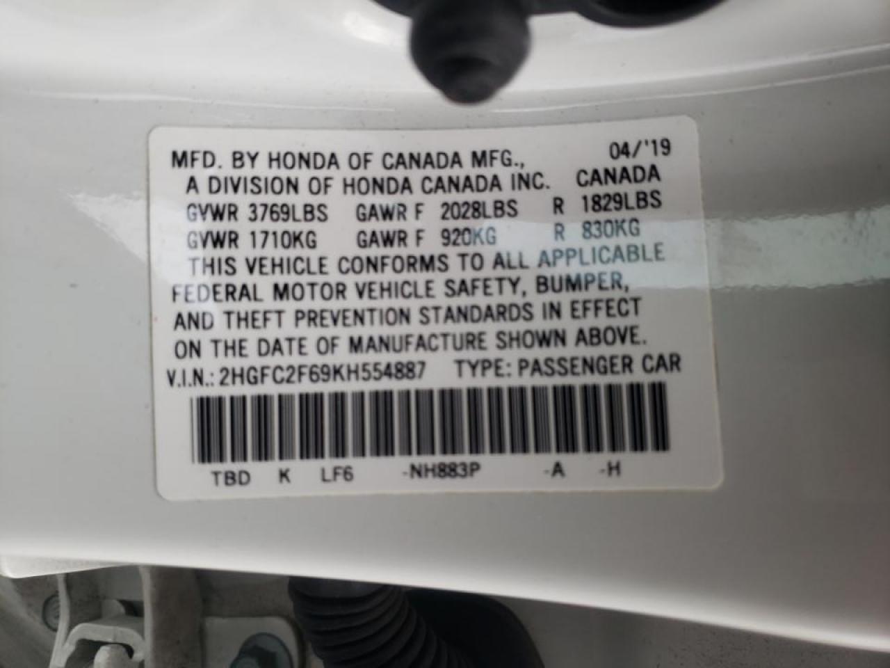 Photo 10 from auction – 2019 HONDA CIVIC LX with VIN 2HGFC2F69KH554887