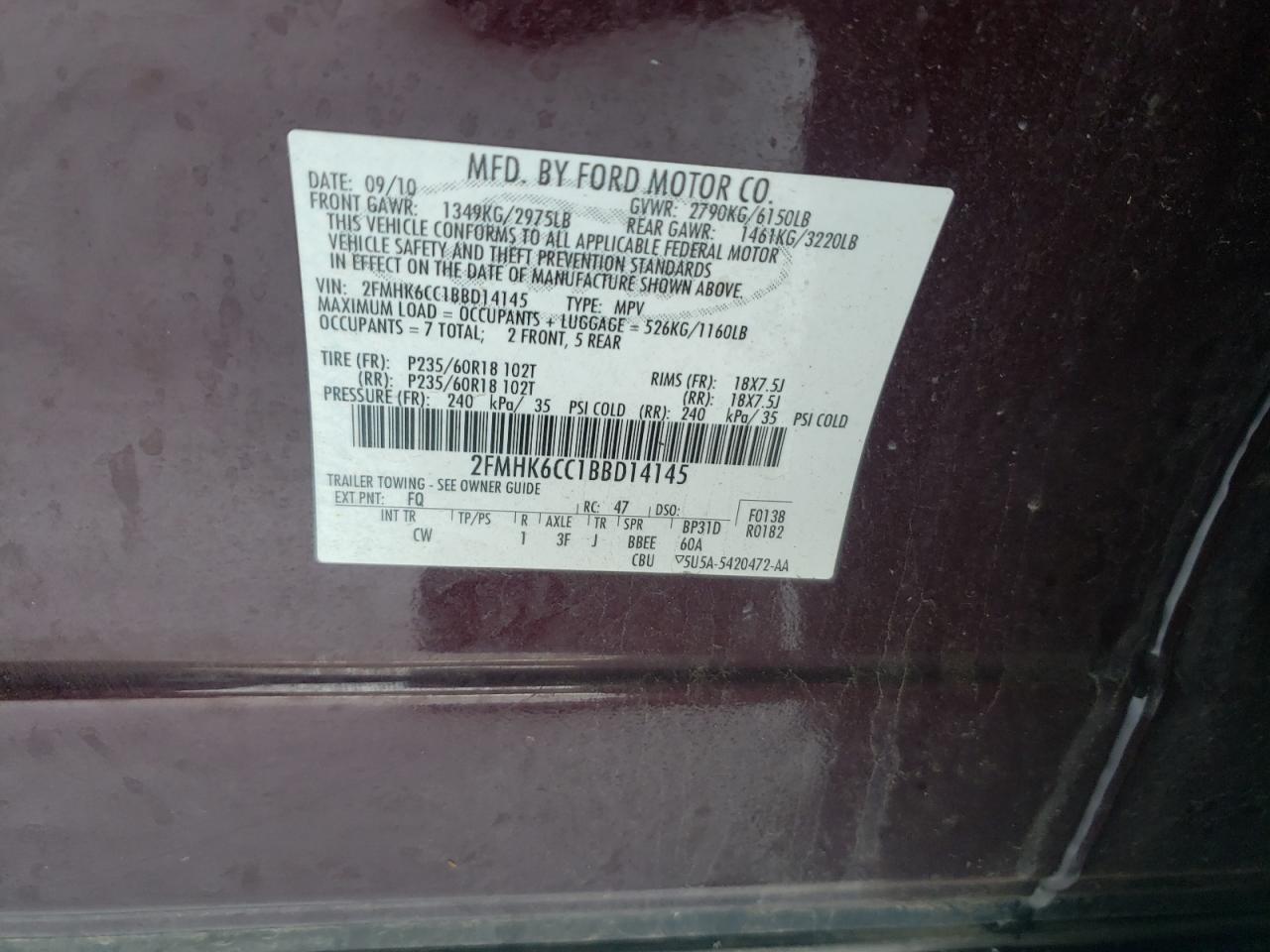 Photo 10 from auction – 2011 FORD FLEX SEL with VIN 2FMHK6CC1BBD14145