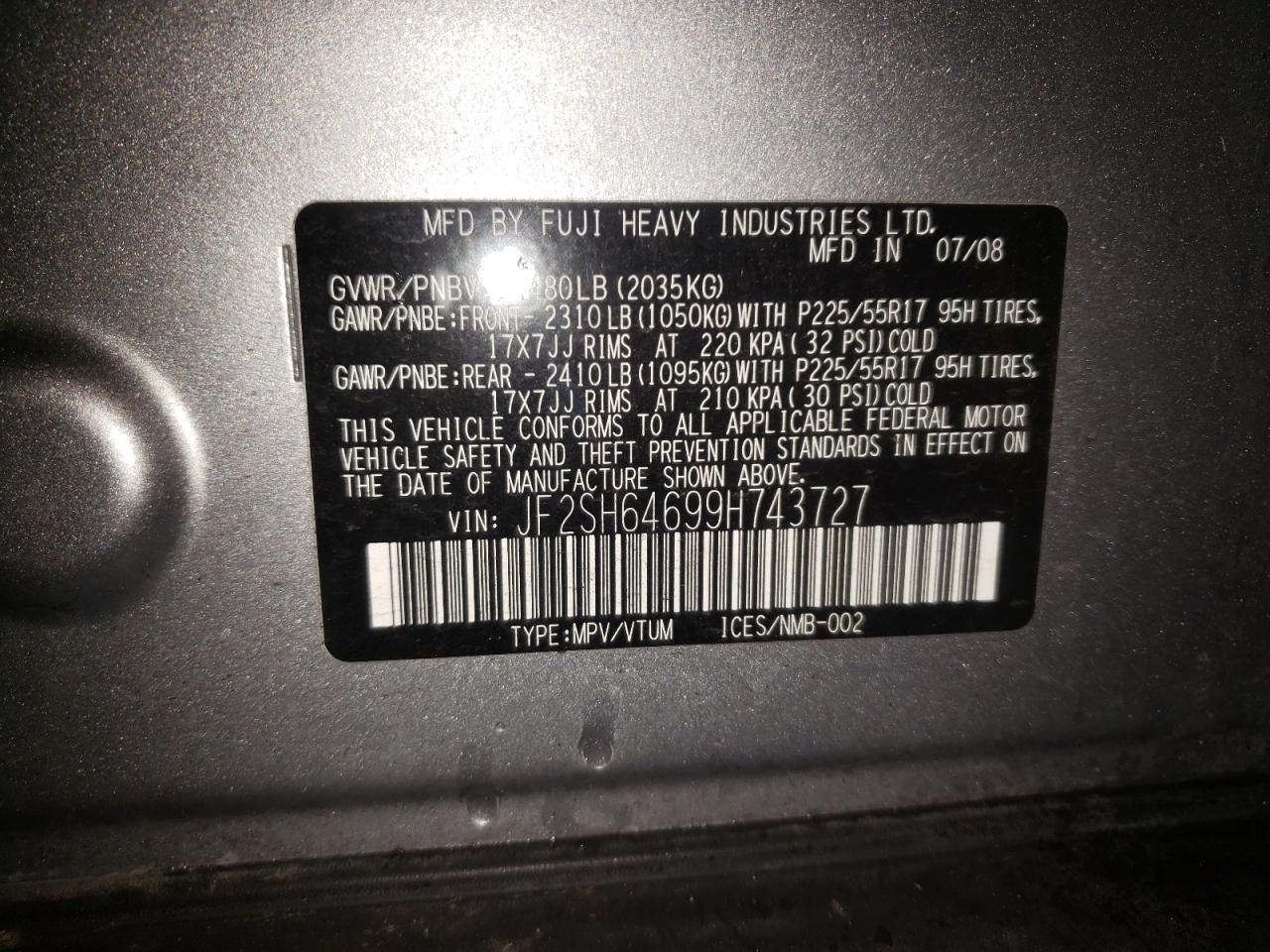 Photo 10 from auction – 2009 SUBARU FORESTER 2 with VIN JF2SH64699H743727