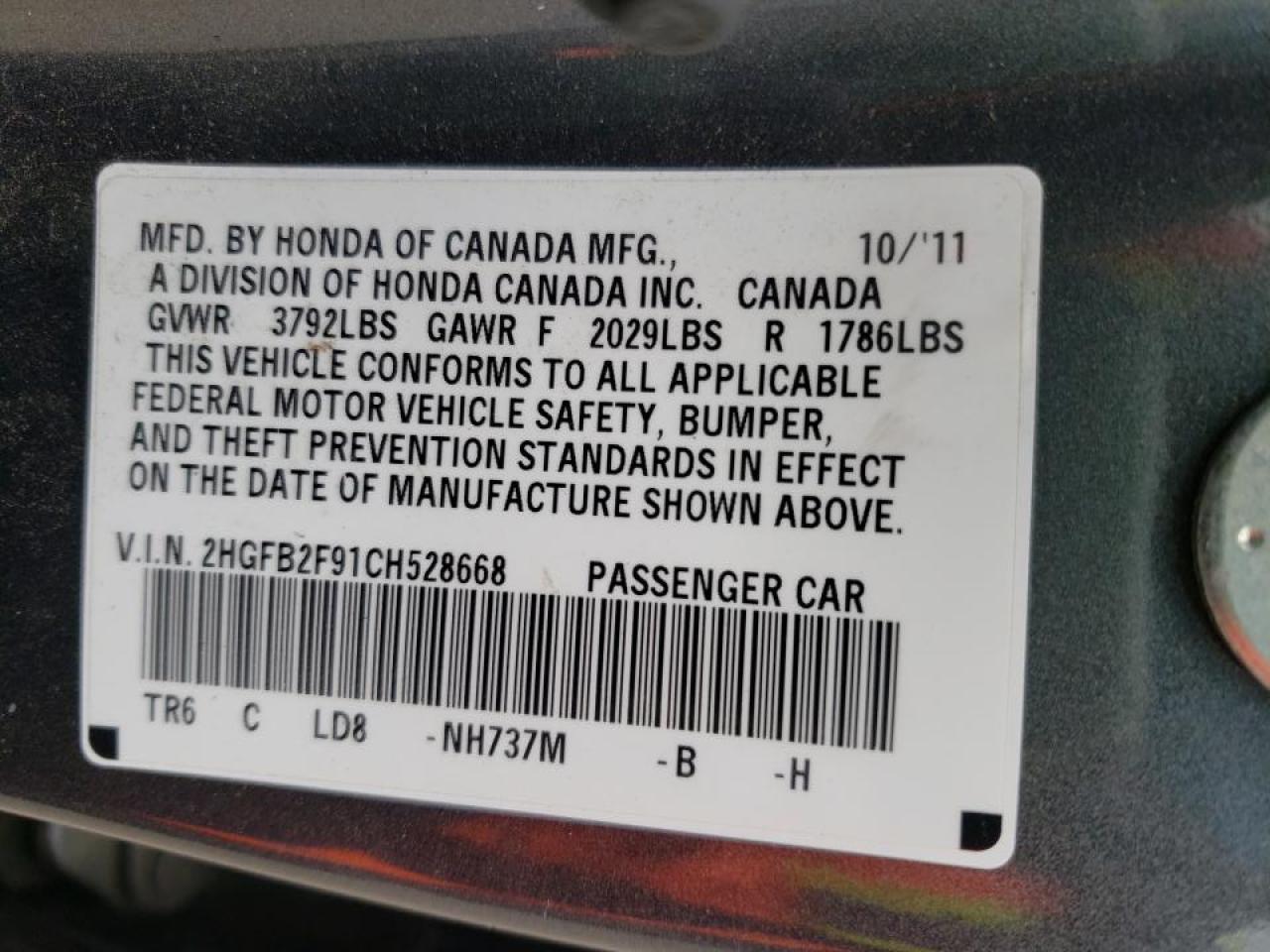 Photo 10 from auction – 2012 HONDA CIVIC EXL with VIN 2HGFB2F91CH528668