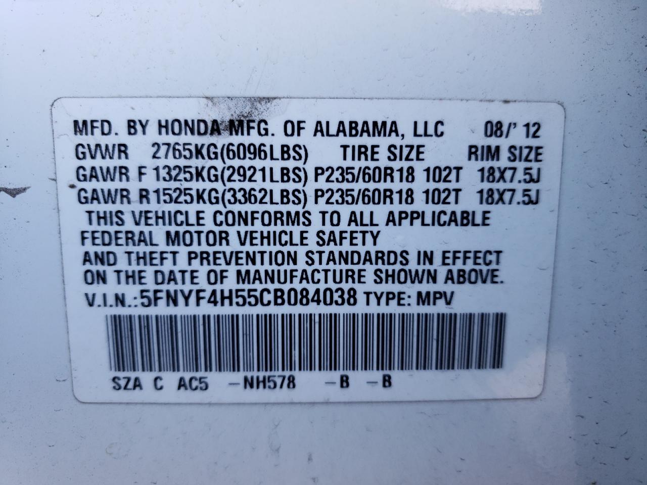 Photo 10 from auction – 2012 HONDA PILOT EXL with VIN 5FNYF4H55CB084038