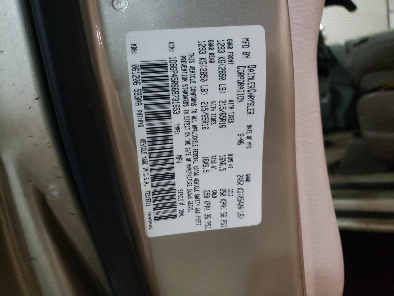 Photo 10 from auction – 2006 DODGE CARAVAN SX with VIN 1D8GP45R66B731653
