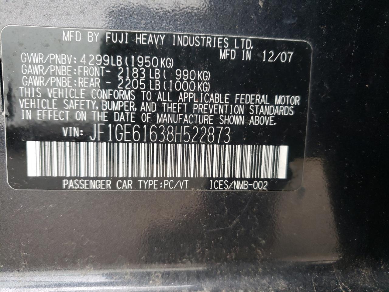 Photo 10 from auction – 2008 SUBARU IMPREZA with VIN JF1GE61638H522873