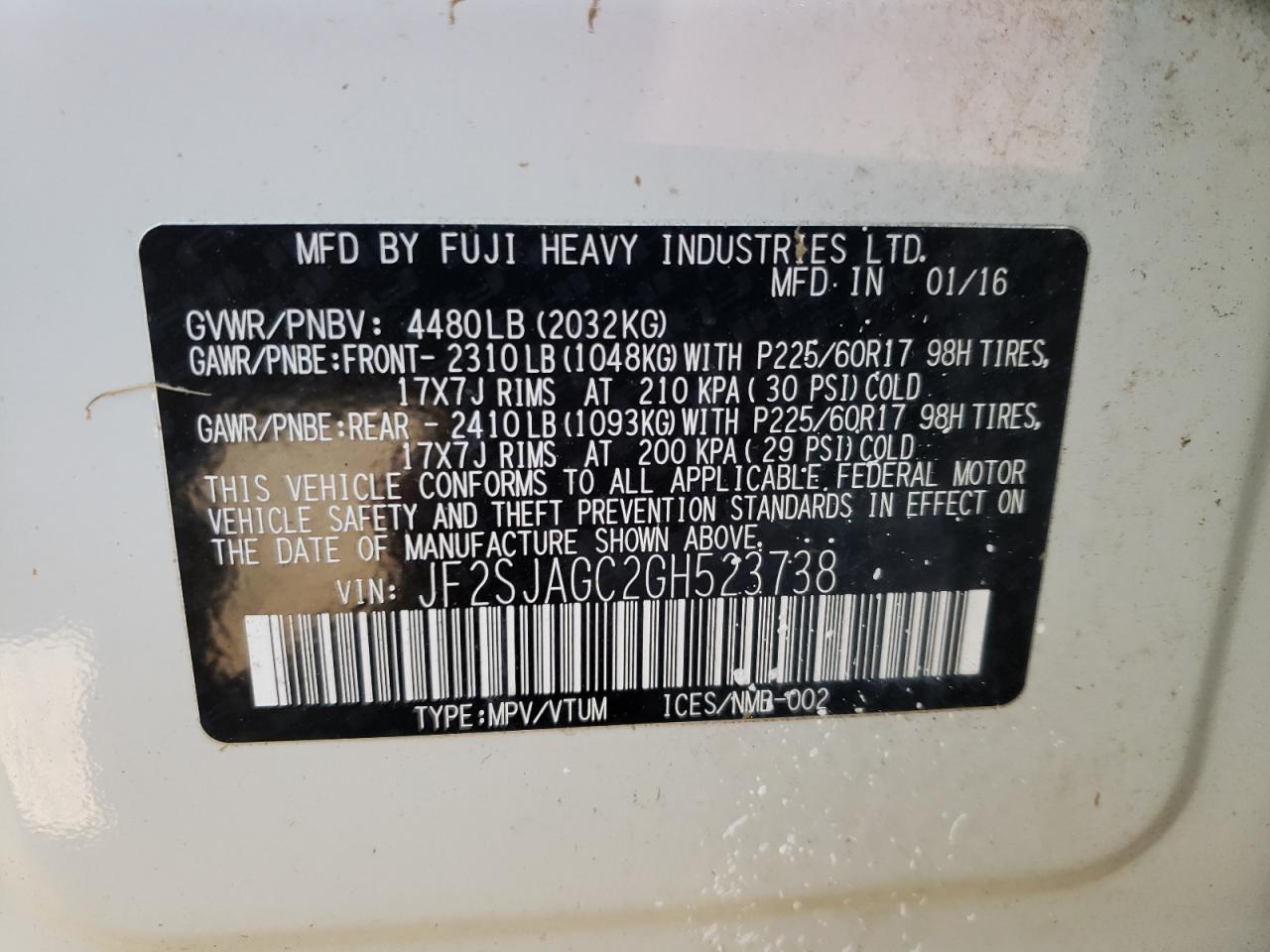 Photo 10 from auction – 2016 SUBARU FORESTER 2 with VIN JF2SJAGC2GH523738