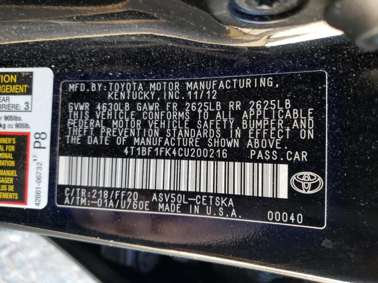 Photo 10 from auction – 2012 TOYOTA CAMRY BASE with VIN 4T1BF1FK4CU200216