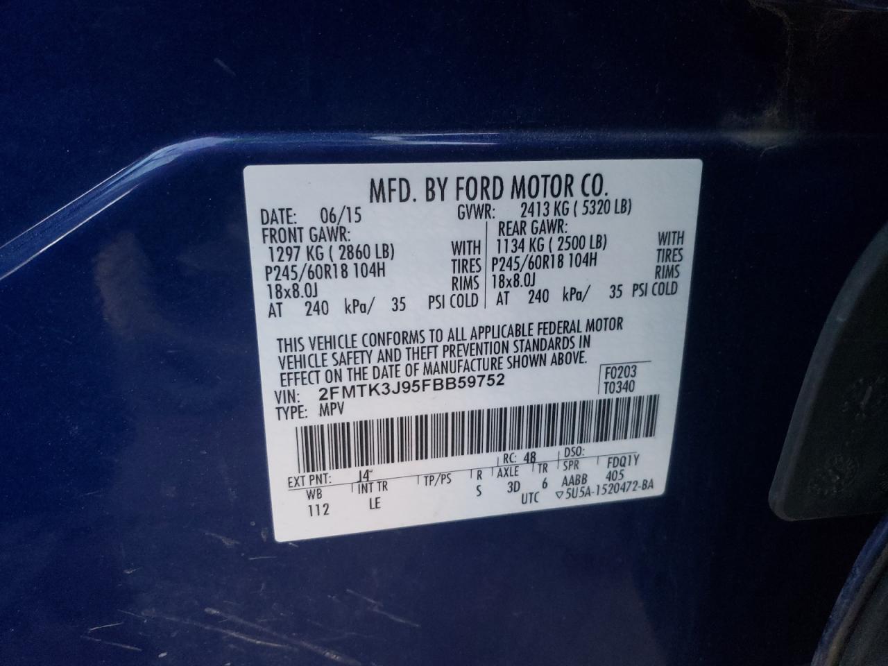 Photo 10 from auction – 2015 FORD EDGE SEL with VIN 2FMTK3J95FBB59752