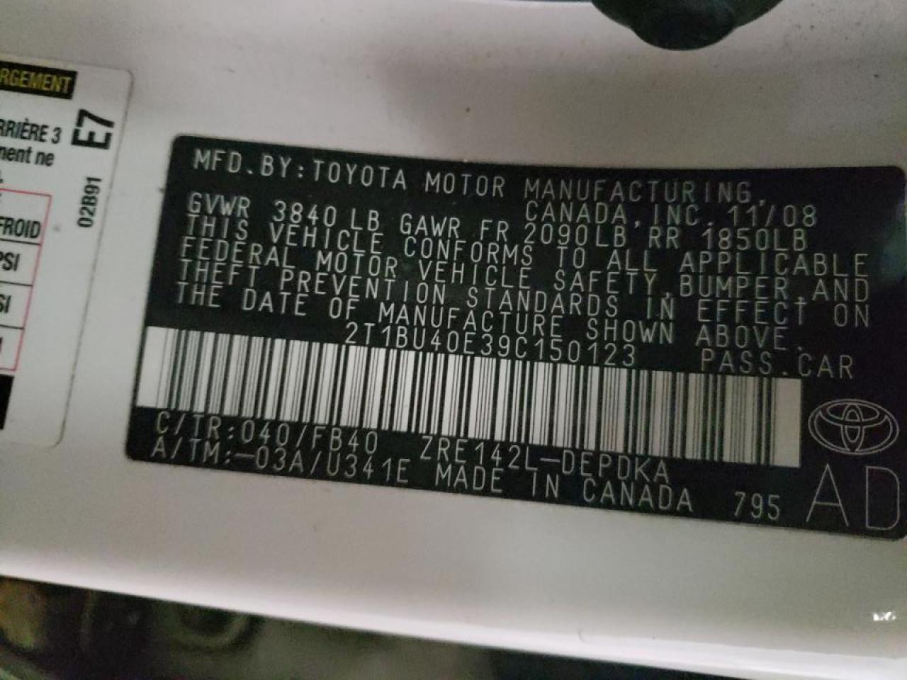 Photo 10 from auction – 2009 TOYOTA COROLLA BA with VIN 2T1BU40E39C150123