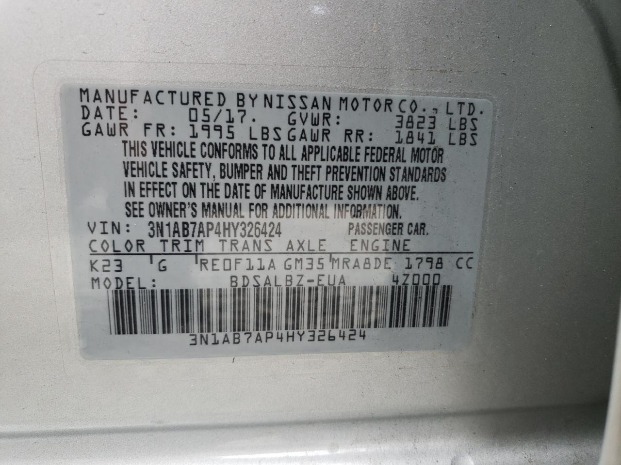Photo 10 from auction – 2017 NISSAN SENTRA S with VIN 3N1AB7AP4HY326424